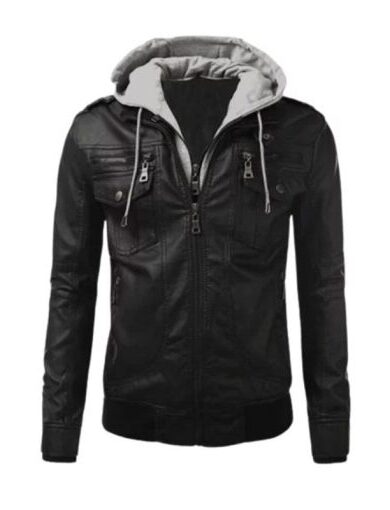 Mens Black Leather Hooded Jacket