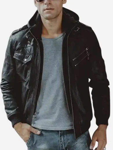 Men’s Black Bomber Leather Jacket with Hood